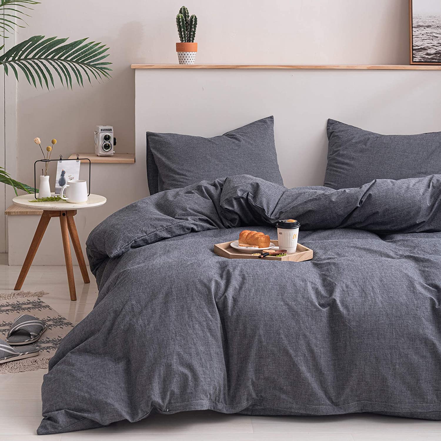 EWAYBY 3-Piece 100% Washed Cotton Duvet Cover and Sham Set(Queen， Grey)