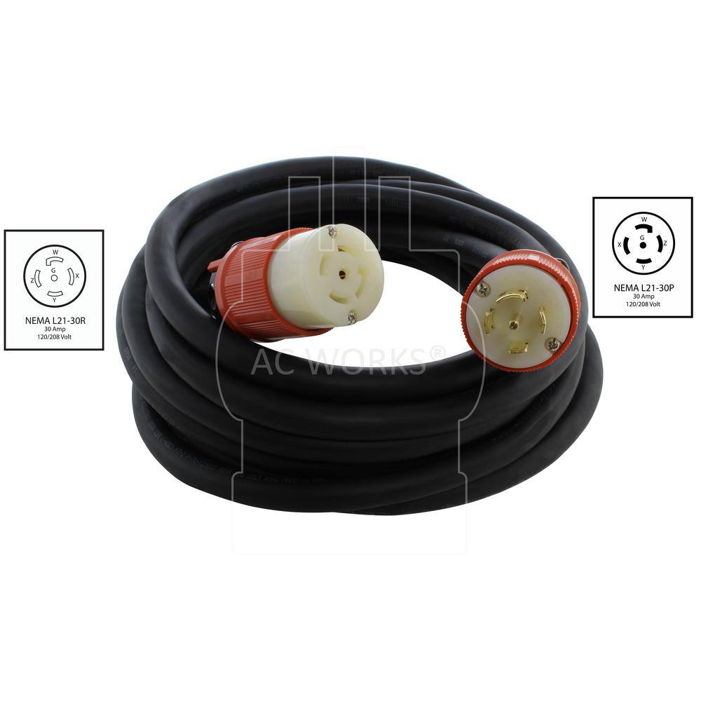 AC WORKS 10 ft. SOOW 105 NEMA L21-30 30 Amp 3-Phase 120-Volt208-Volt Industrial Rubber Extension Cord L2130PR-010E