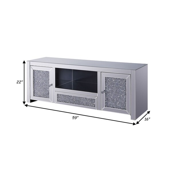 Noe 59 Inch Wood TV Entertainment Media Console， Faux Diamond Inlay， Silver