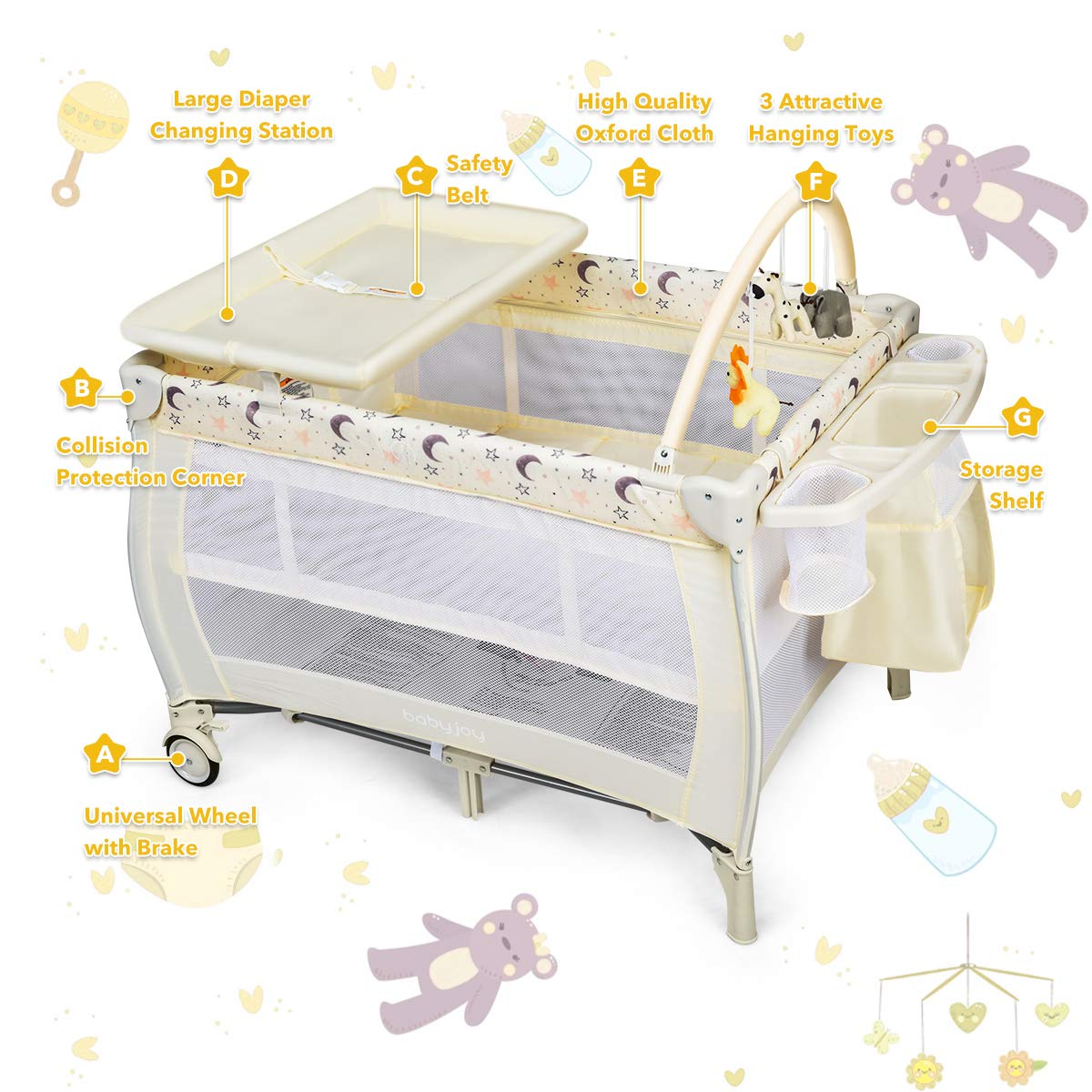 BABY JOY 3 in 1 Portable Pack and Play with Bassinet, Convertible Baby Travel Crib Playard with Changing Table