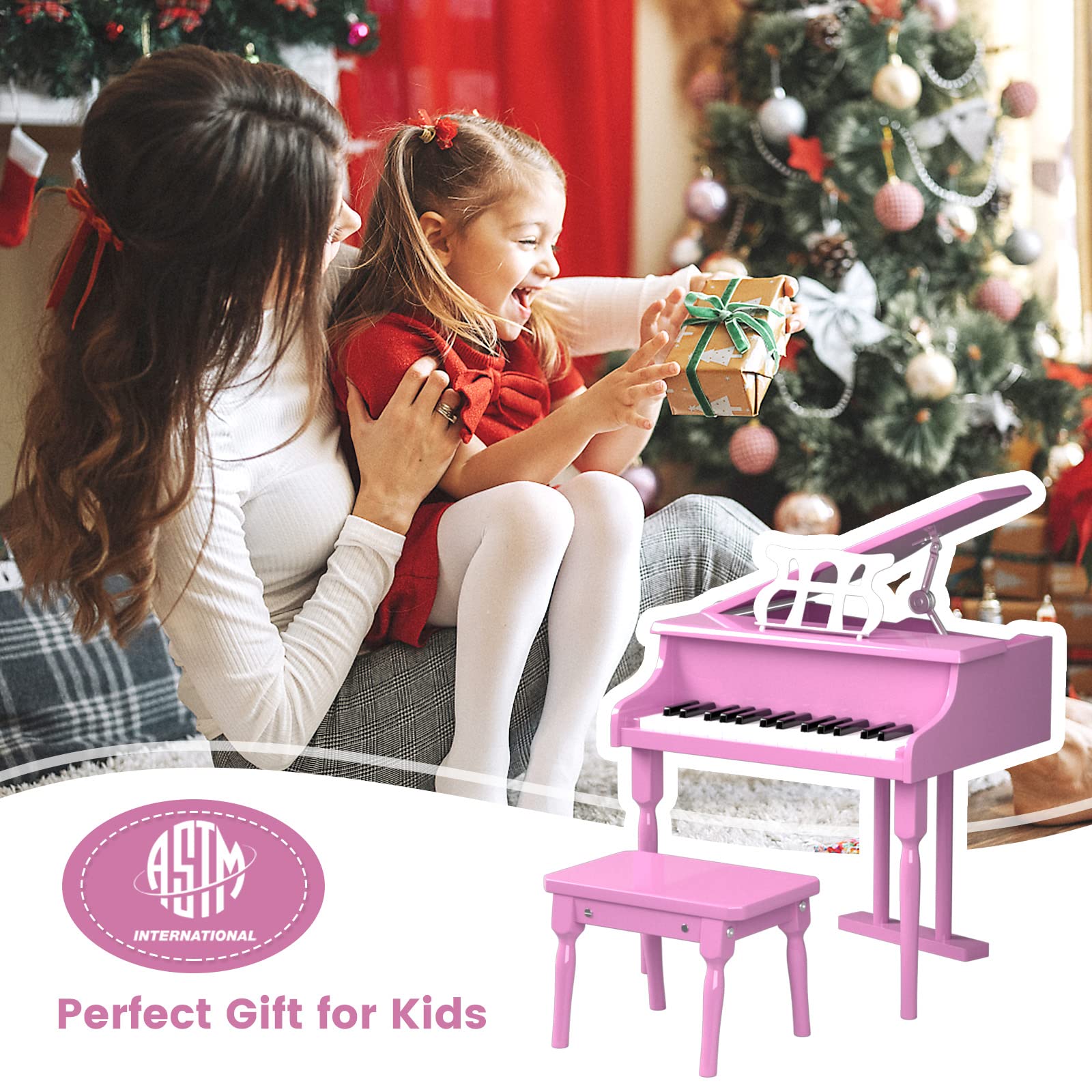 Costzon Classical Kids Piano, 30 Keys Wood Toy Grand Piano with Music Stand and Bench