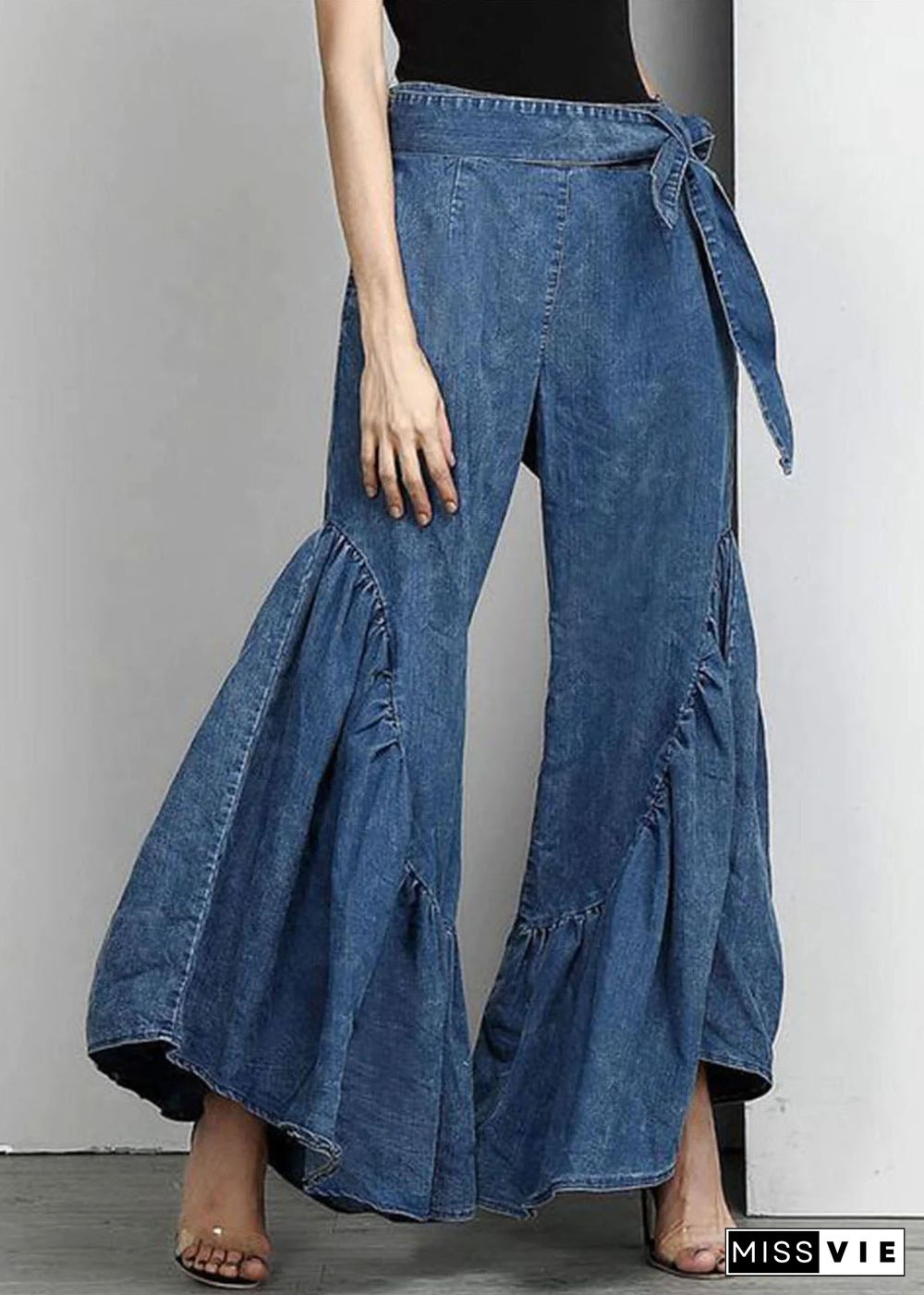 Italian Blue Ruffled Bow Waist Patchwork Denim Pants Summer