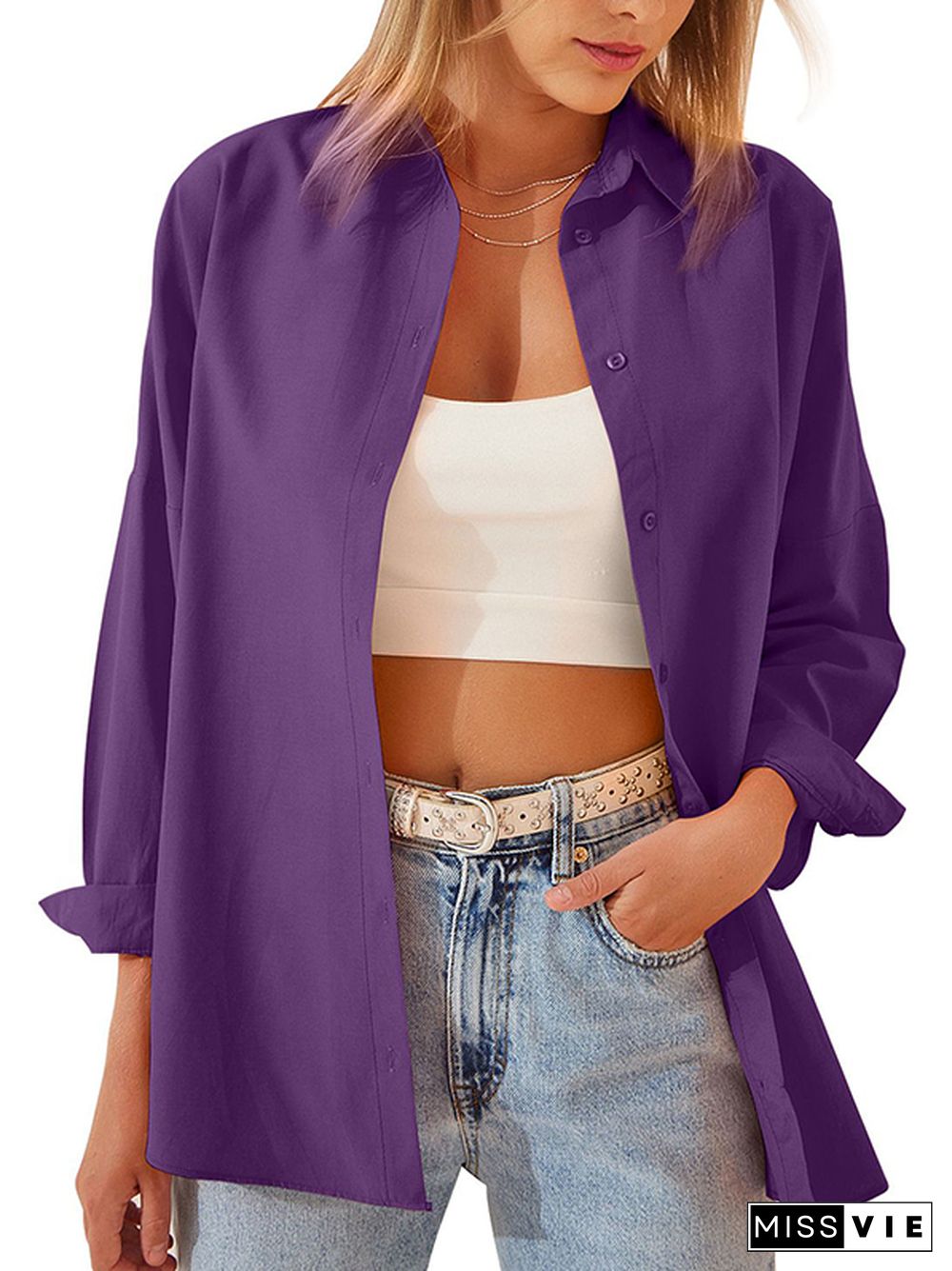 Long Sleeves Loose Buttoned Solid Color Lapel Blouses&Shirts Tops