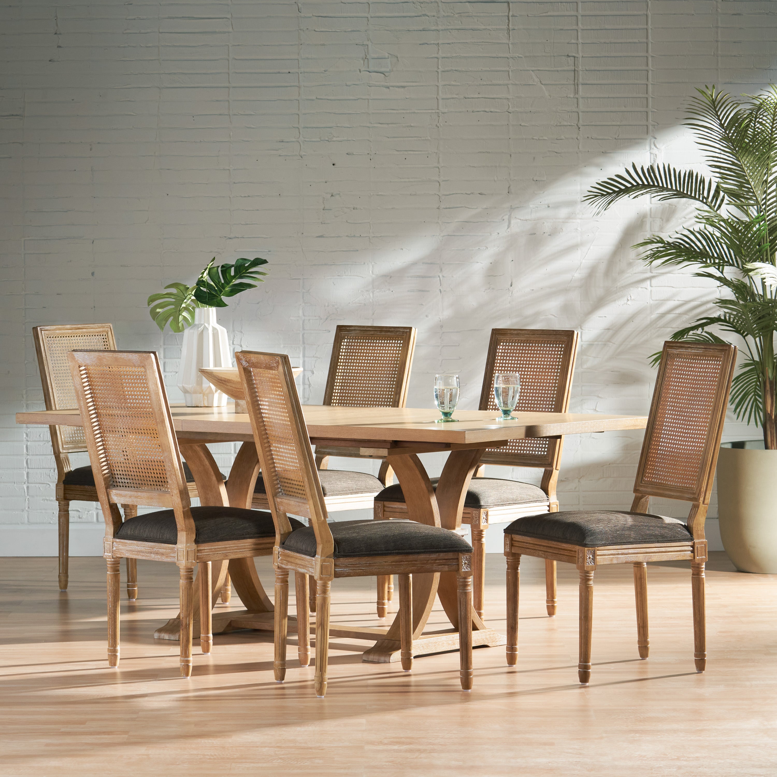 Brownell French Country Wood and Cane 7-Piece Expandable Dining Set