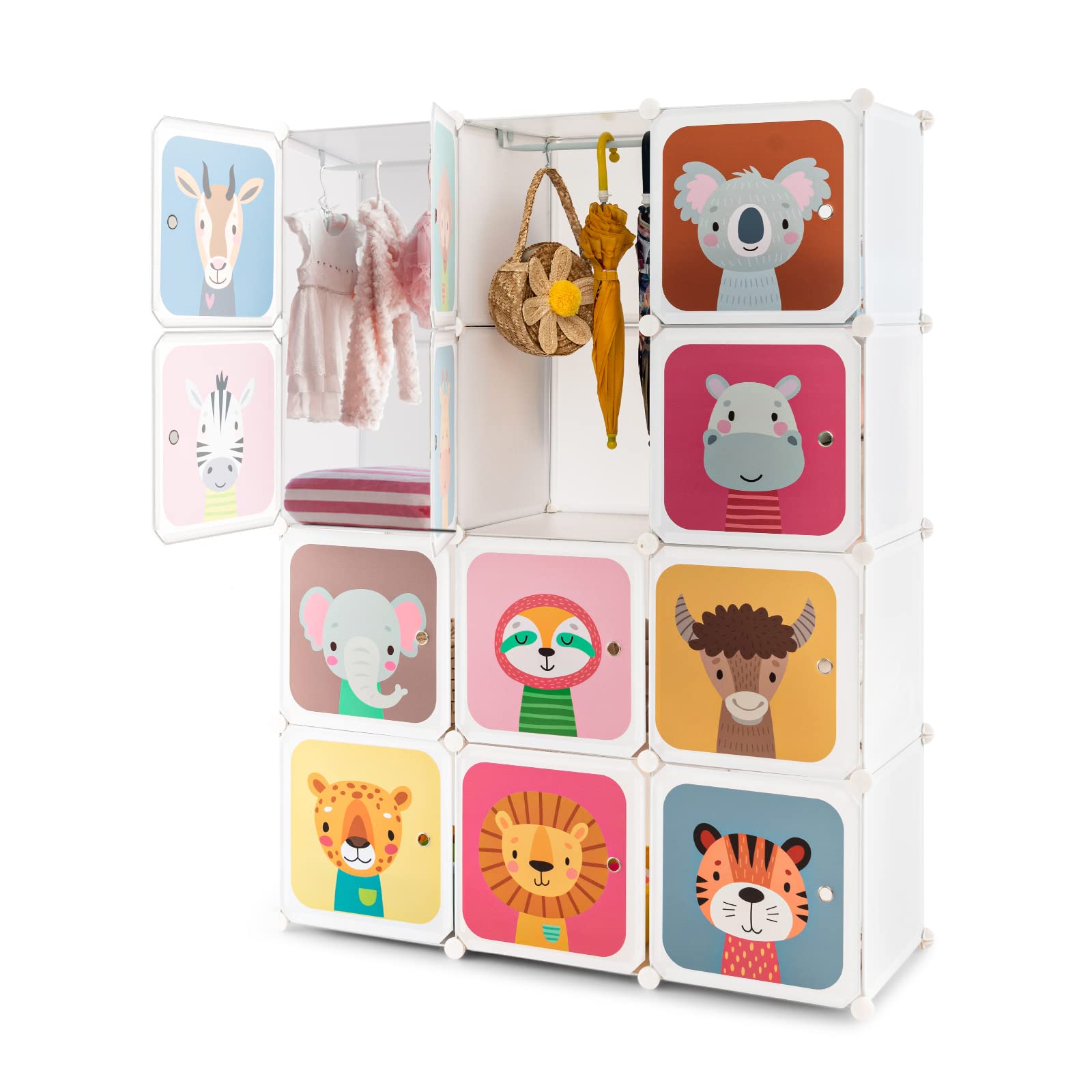 Costzon Kids Wardrobe Closet, Cartoon DIY Modular Dresser Storage Organizer with 12 Cubes & 2 Clothes Hanging Section