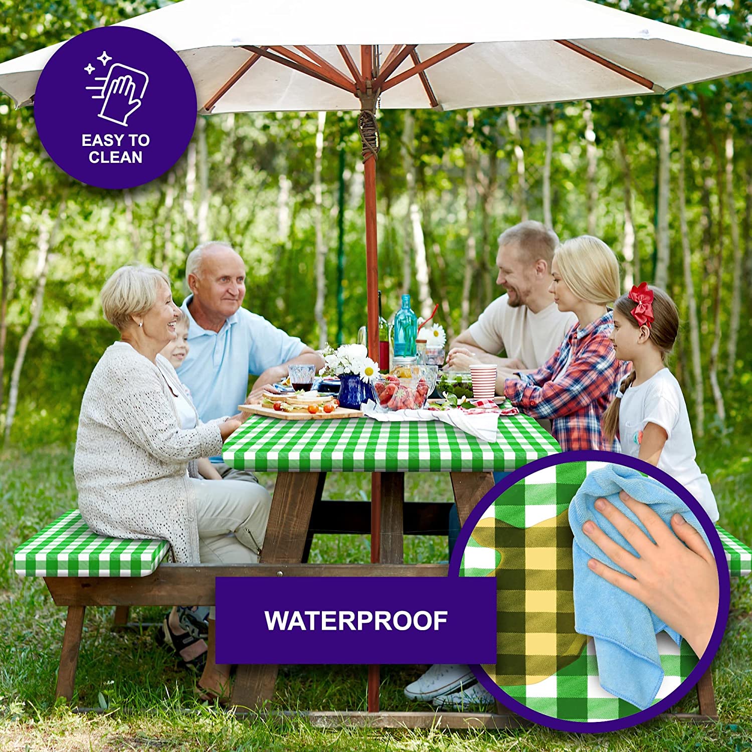 Sorfey Rectangle Fitted Picnic Table Cover Tablecloth with Umbrella Hole, 3-Pc. Set Green 30"x96"