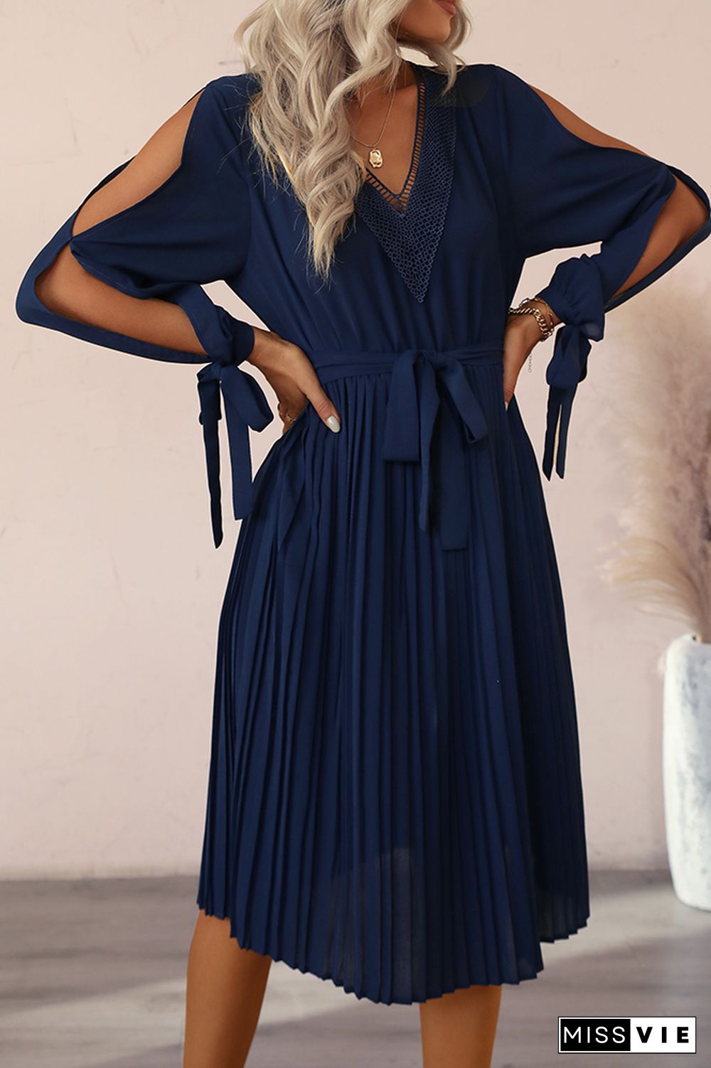 Navy Cold Shoulder Pleated Tie Cuff V Neck Midi Dress