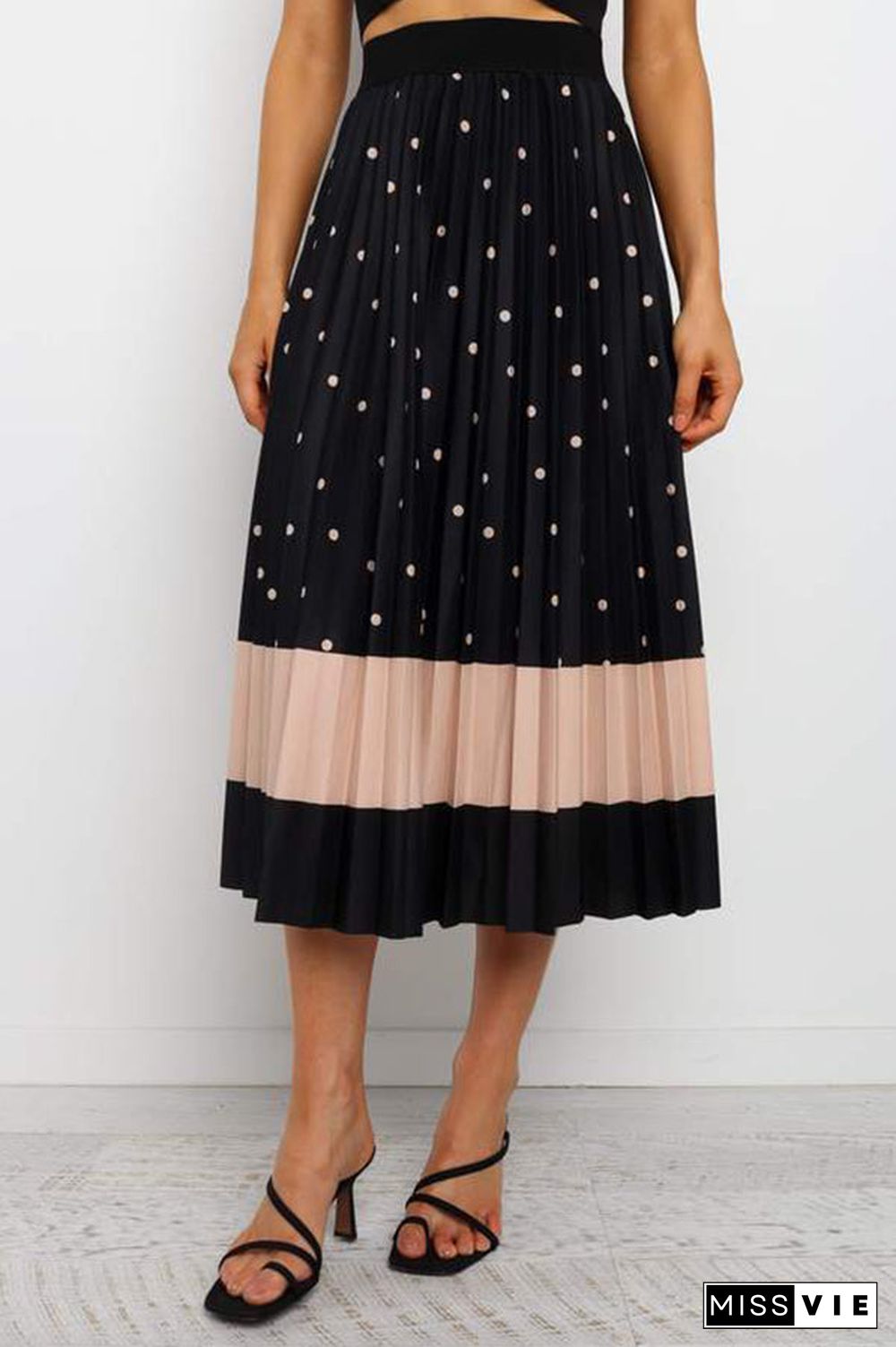 Polka Dot Color Block Pleated Midi Dress