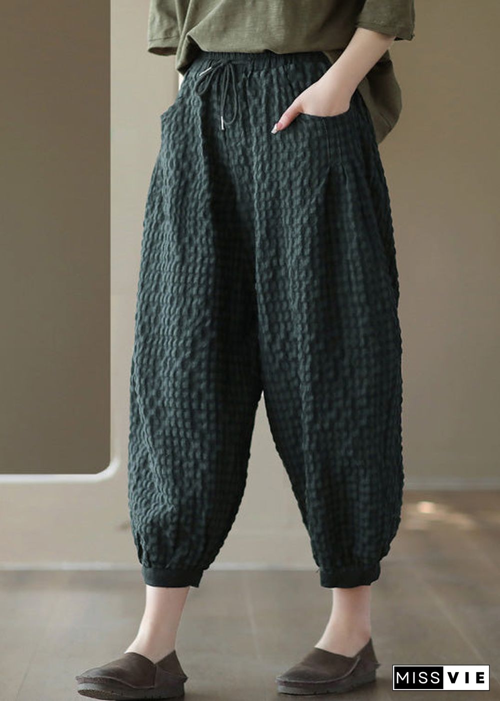 Blackish Green Tie Waist Cozy Crop Pants