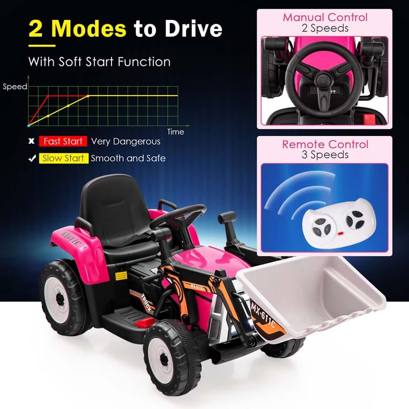 12V Kids Ride On Excavator Digger with Digging Bucket, Battery Powered Electric Tractor RC Construction Vehicle