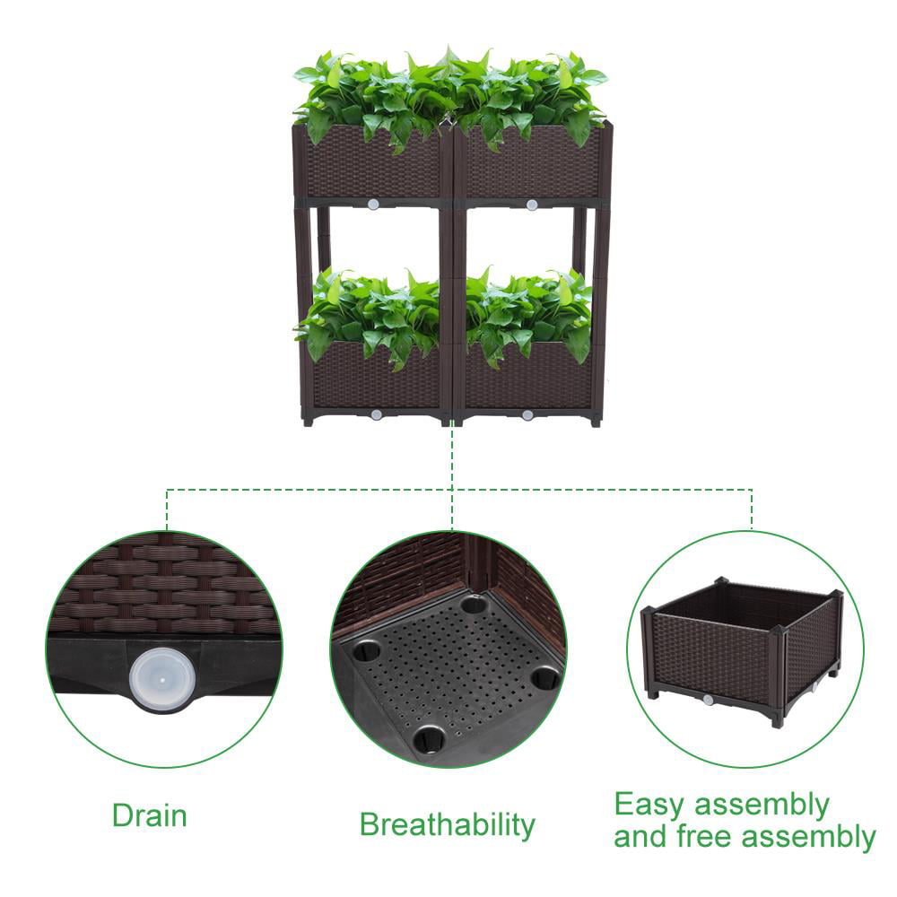 SalonMore Set of 4 Raised Garden Bed, Self-Watering Plastic Planter for Indoor Outdoor Vegetables, Fruits, Potato, Flowers, All Weather