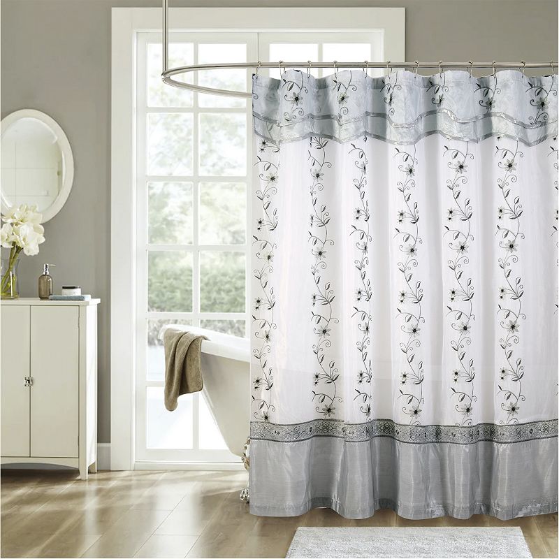 Kate Aurora Royal Living Embroidered Floral Sheer On Taffeta Layered Fabric Shower Curtain