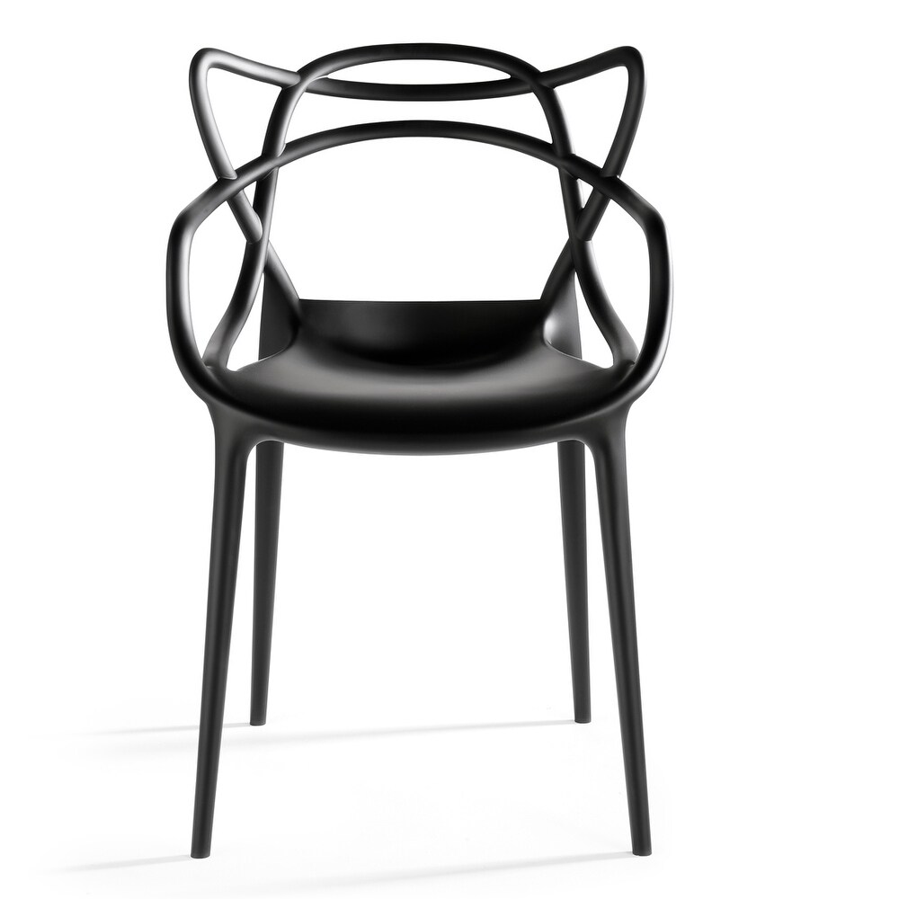 Modern Plastic Patio Indoor or Outdoor Dining Stackable Chair UV Protected With Arms Open Back