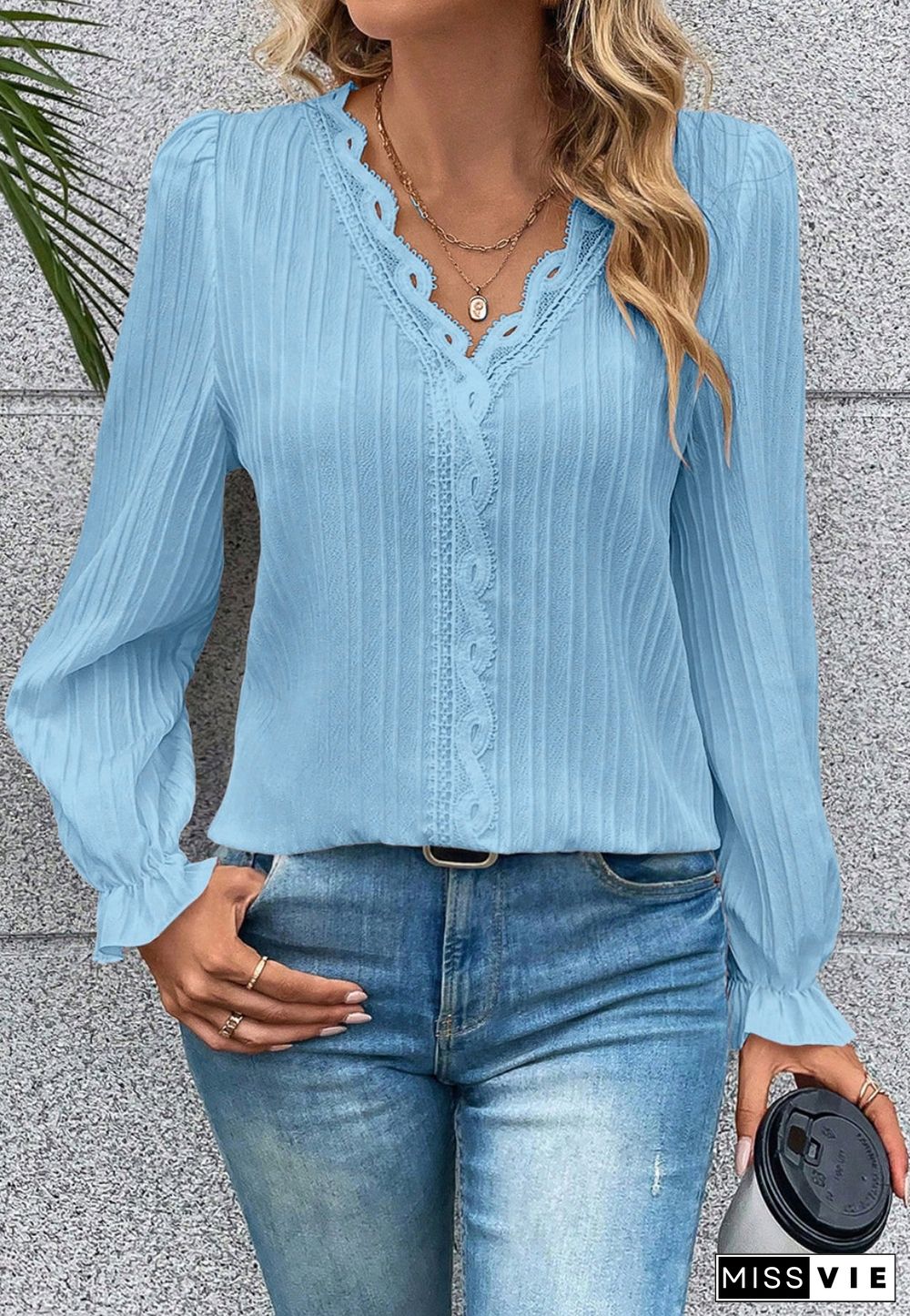 Crochet Lace Trim Textured Blouse