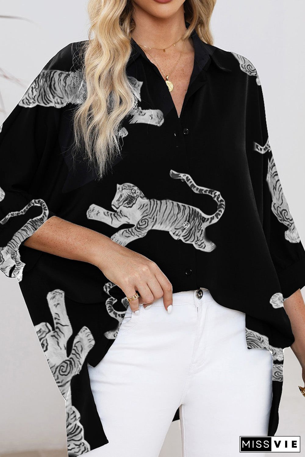 Black Tiger Print 3/4 Sleeve Oversized Shirt