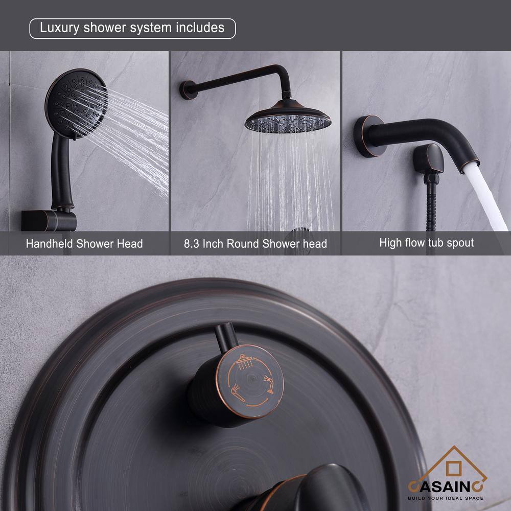 CASAINC 3-Spray Patterns 8.3 in. Tub Wall Mount Dual Shower Heads in Spot Resist Oil-Rubbed Bronze HM-B208-SQ-ORB