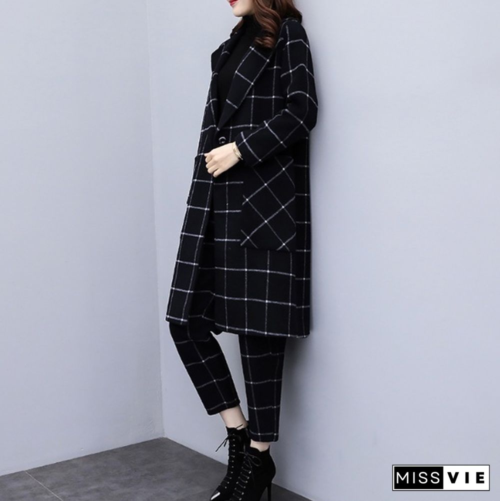 Winter Black Woolen Plaid Two Piece Sets Outfits Women Plus Size Long Coat And Pants Suits Elegant Fashion Office Sets