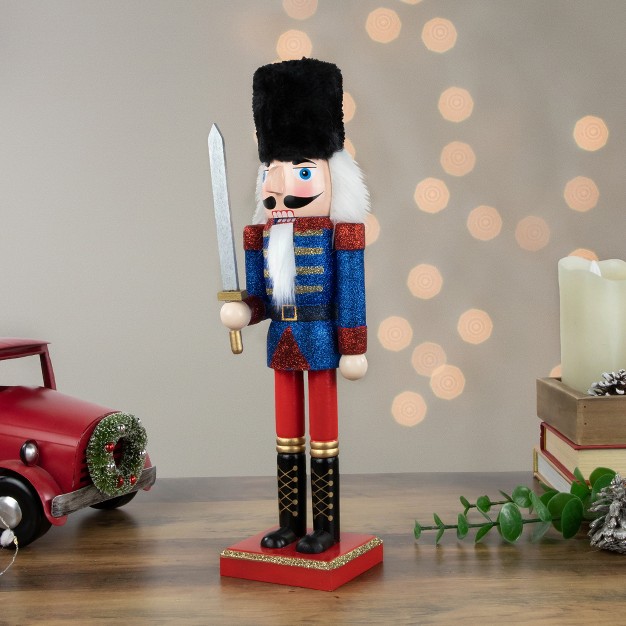 Blue And Red Glittered Christmas Nutcracker Soldier With Sword