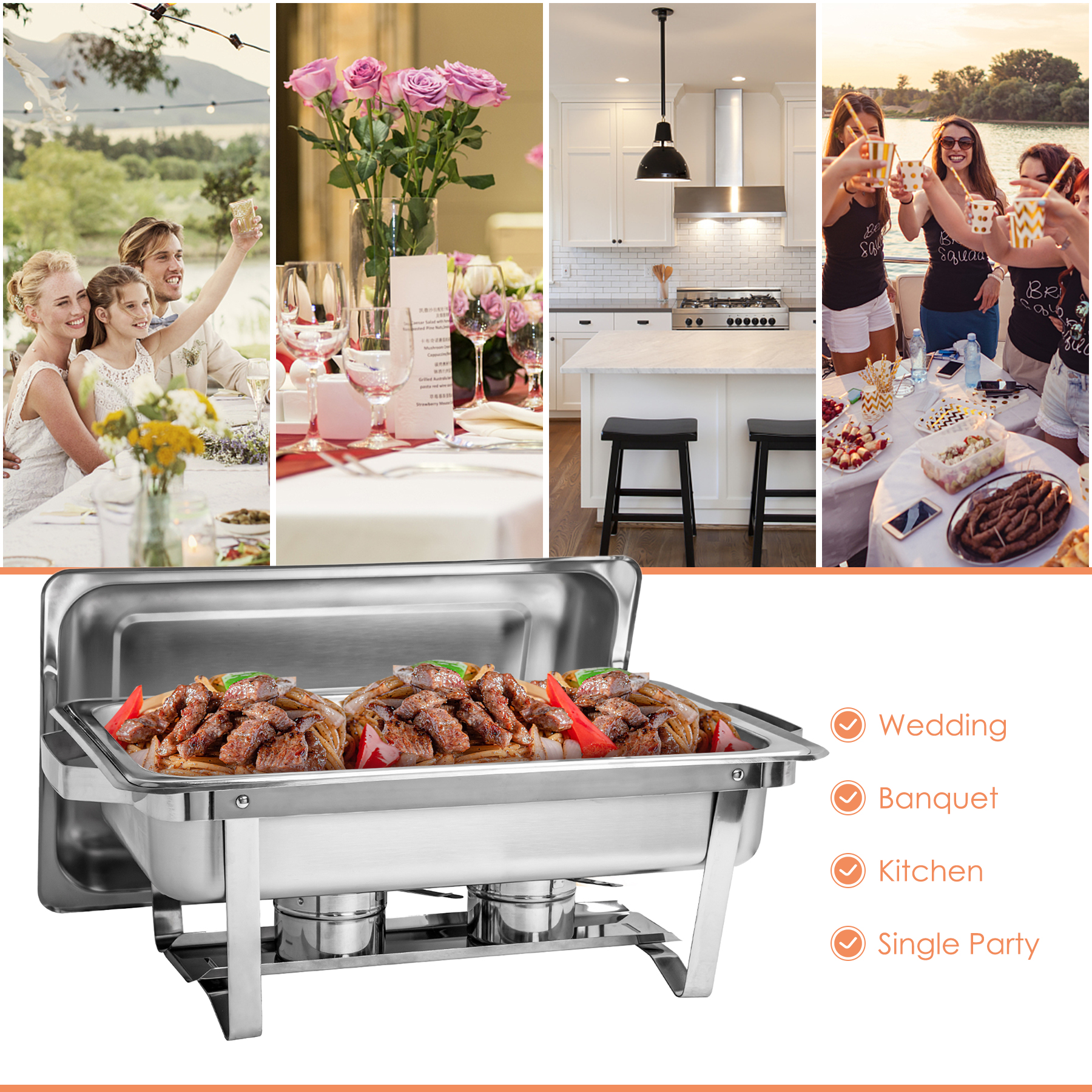 Grandma Shark 4PC 8 Qt/9L Folding Stainless Steel Rectangular Buffet Set Chafing Dishes with Alcohol Furnace， Silver