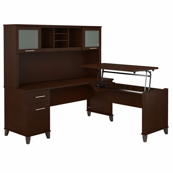 Bush Furniture Somerset 72W 3 Position Sit to Stand L Shaped Desk with Hutch in Mocha Cherry