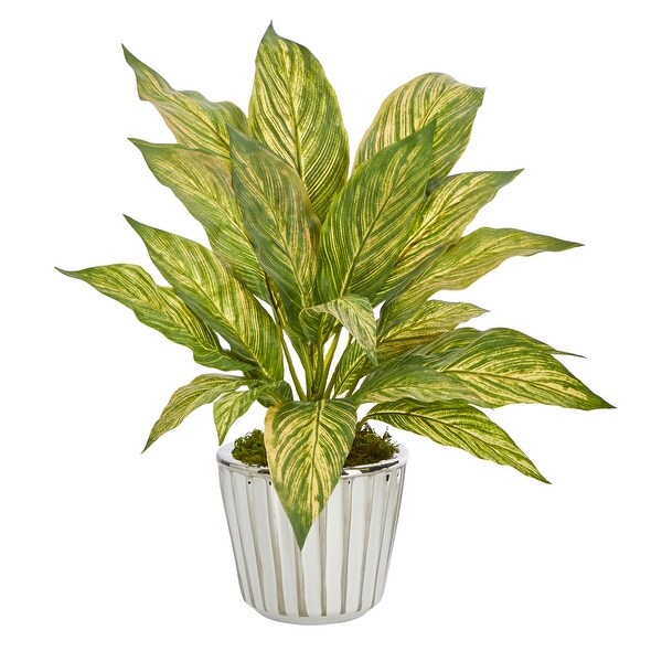 14 Musa Leaf Artificial Plant in White Planter with Silver Trimming