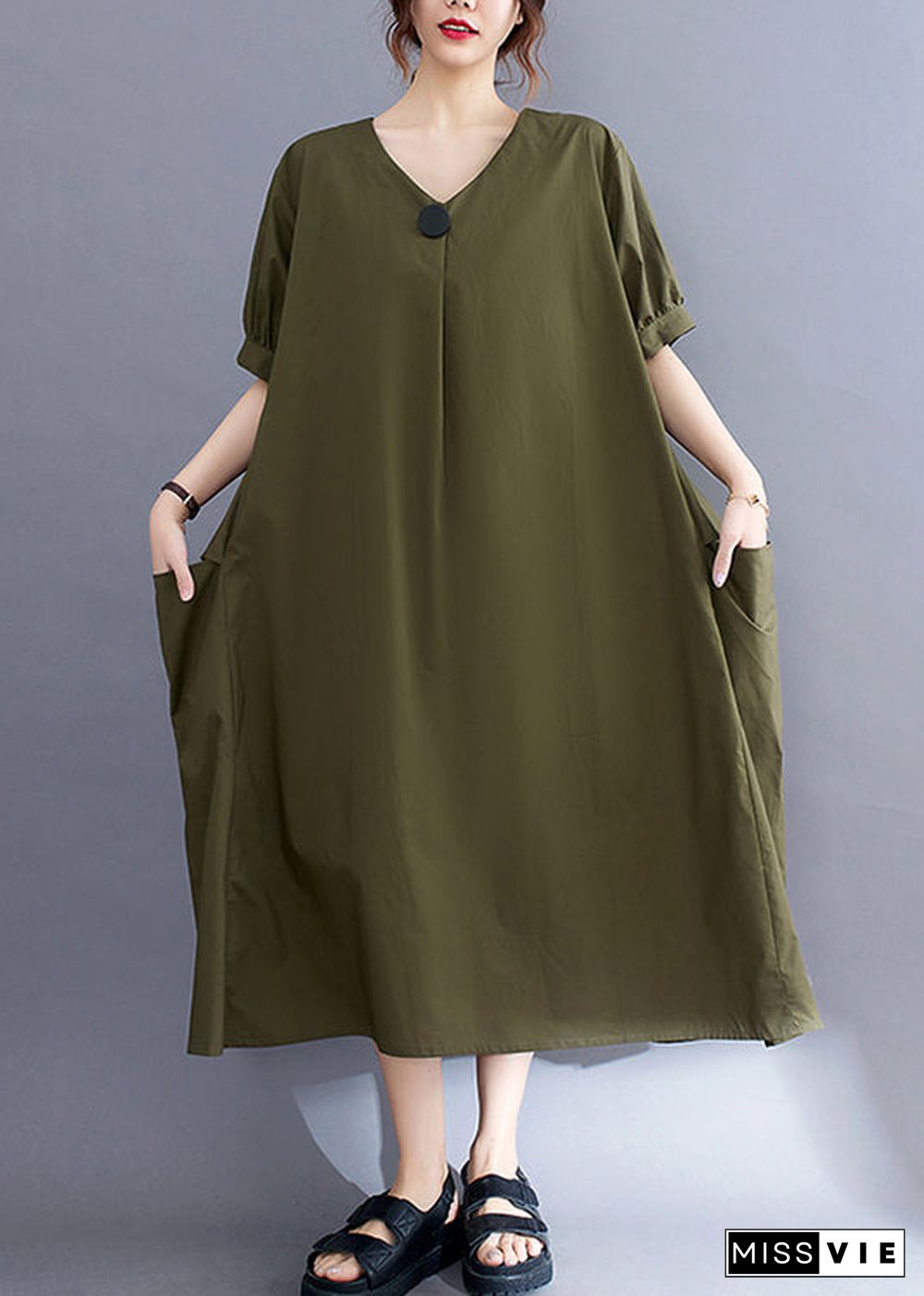 Style Army Green V Neck Pockets Cotton Maxi Dress Summer