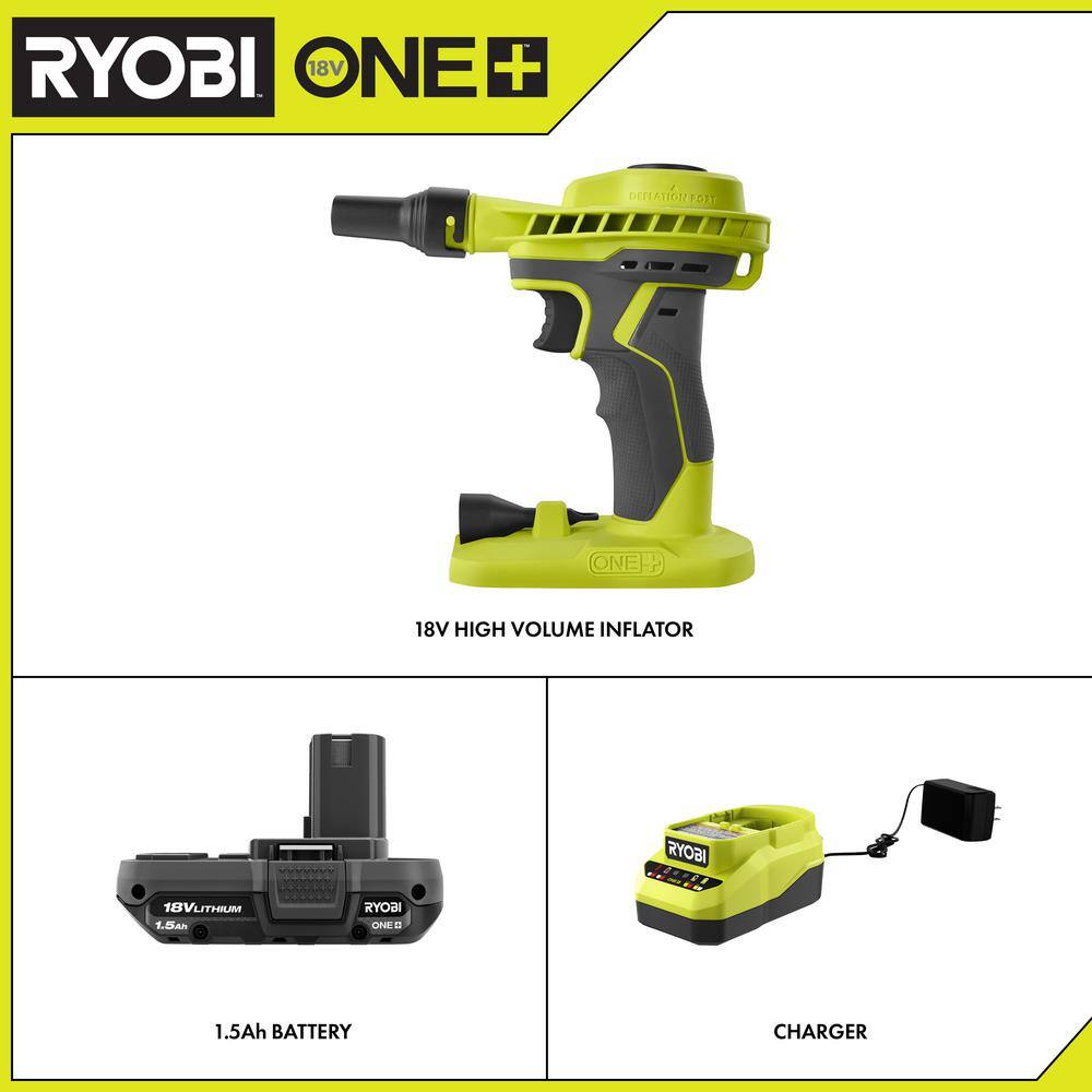 RYOBI ONE+ 18V Cordless High Power Portable Inflator Kit with 1.5 Ah Battery Charger and Accessories P738KN