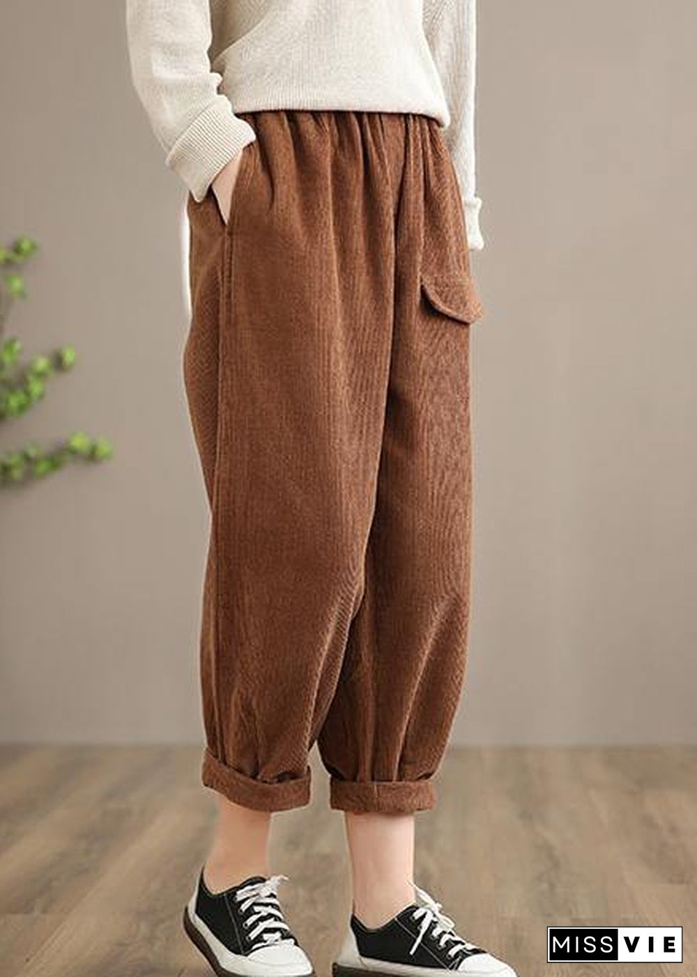 Italian Chocolate Casual Spring Elastic Waist Pockets Wide Leg Pants