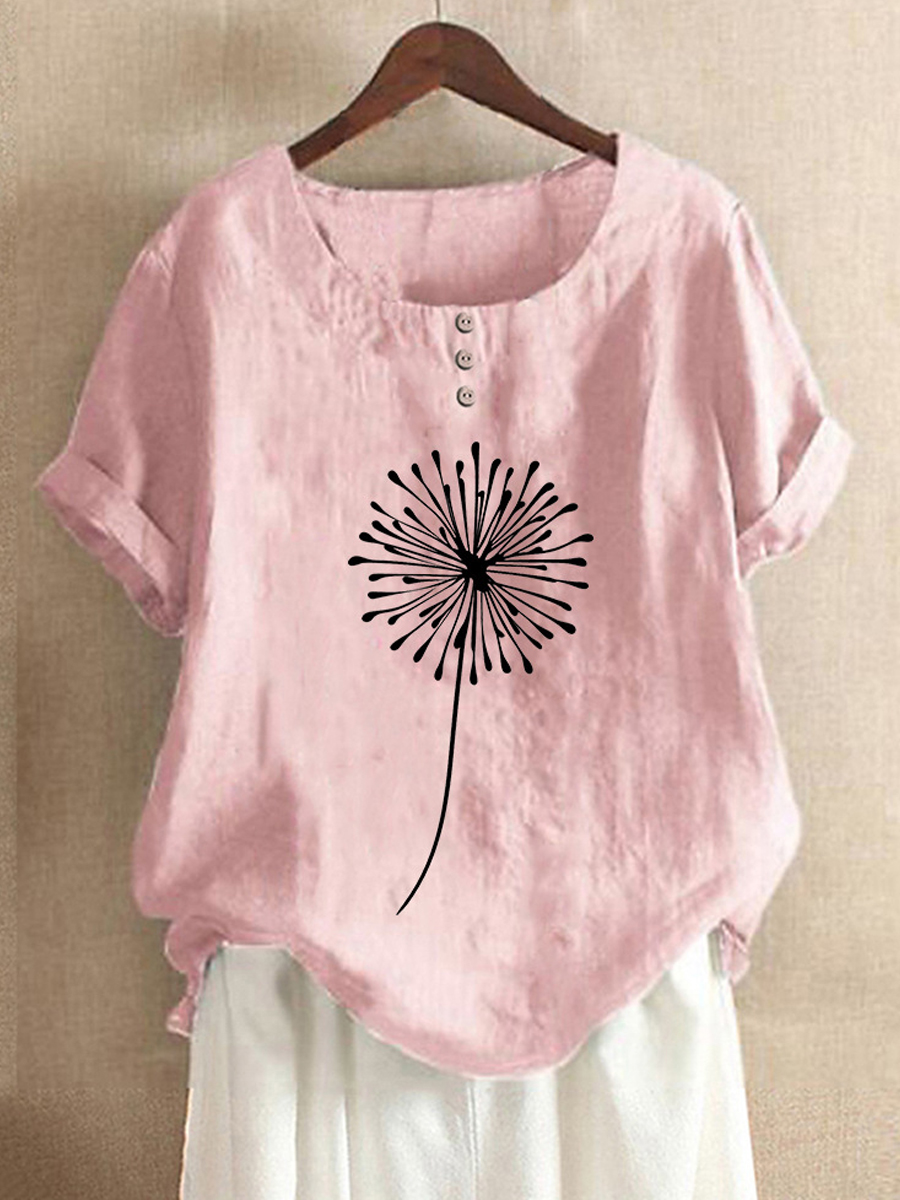 Casual Dandelion Print Button Crew Neck Short Sleeve Blouse