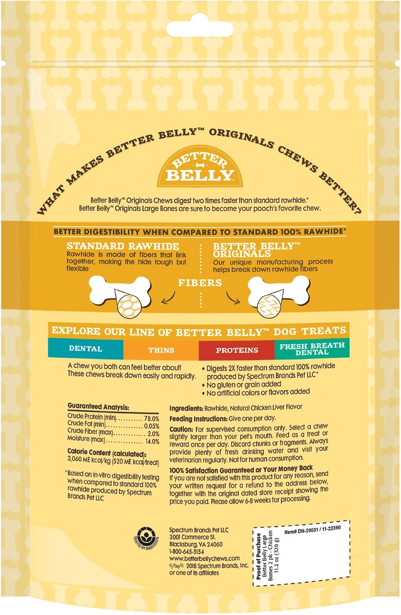 Better Belly Chicken Liver Flavor Rawhide Bone Dog Treats， Large， 2 count