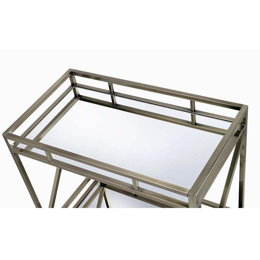 Metal Framed Two Tier Serving Cart with X Shaped Side Panels  Silver and Clear   35.04 H x 19.68 W x 34.25 L Inches