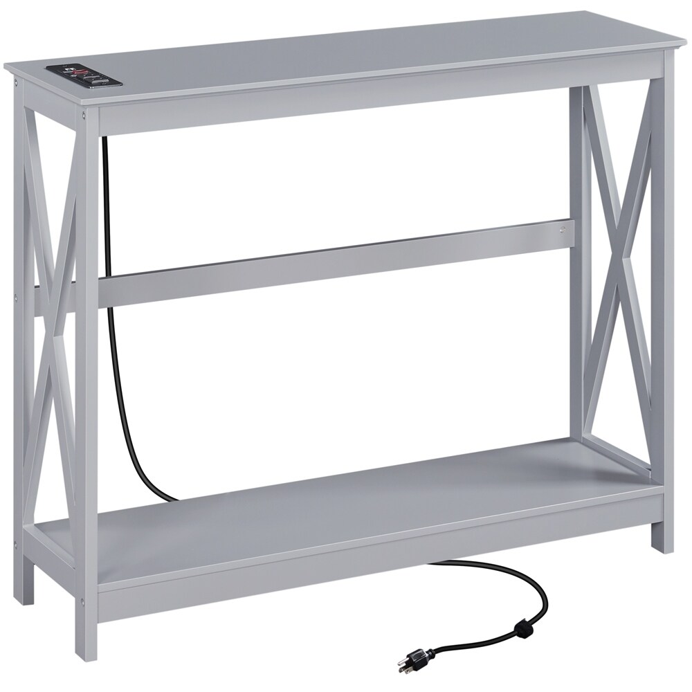 Yaheetech 2 Tier Narrow Sofa Table with Outlet Industrial Long Console Table