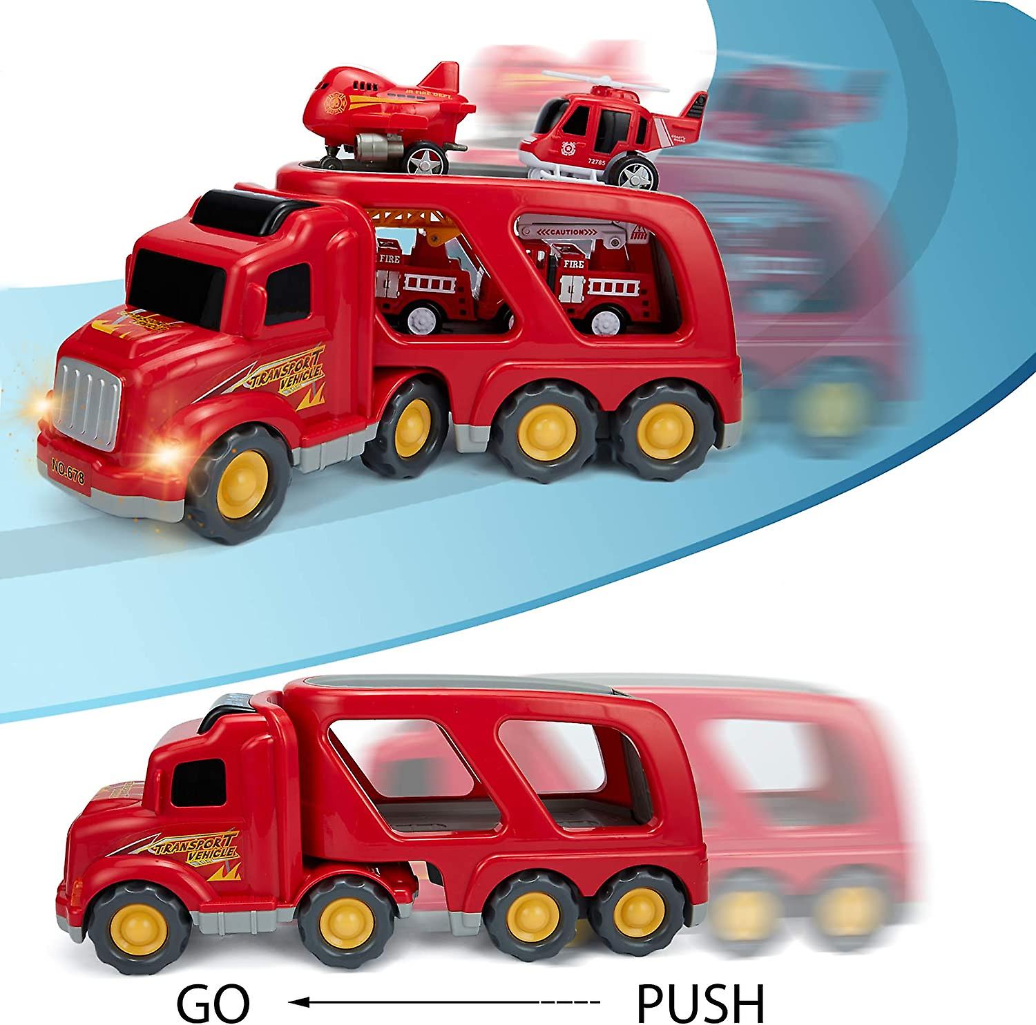 Fire Truck Car Toys Set With Sound and Lights， 1 Transport Cargo Truck， 2 Emergency Rescue Vehicles， 1 Helicopter， 1 Airplane， 5 In 1 Play Vehicle Toys