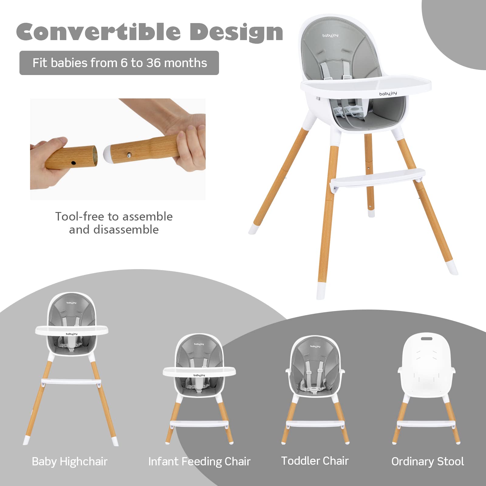 Convertible Baby High Chair, 3 in 1 Highchair, Iron Legs(Wood Grain)