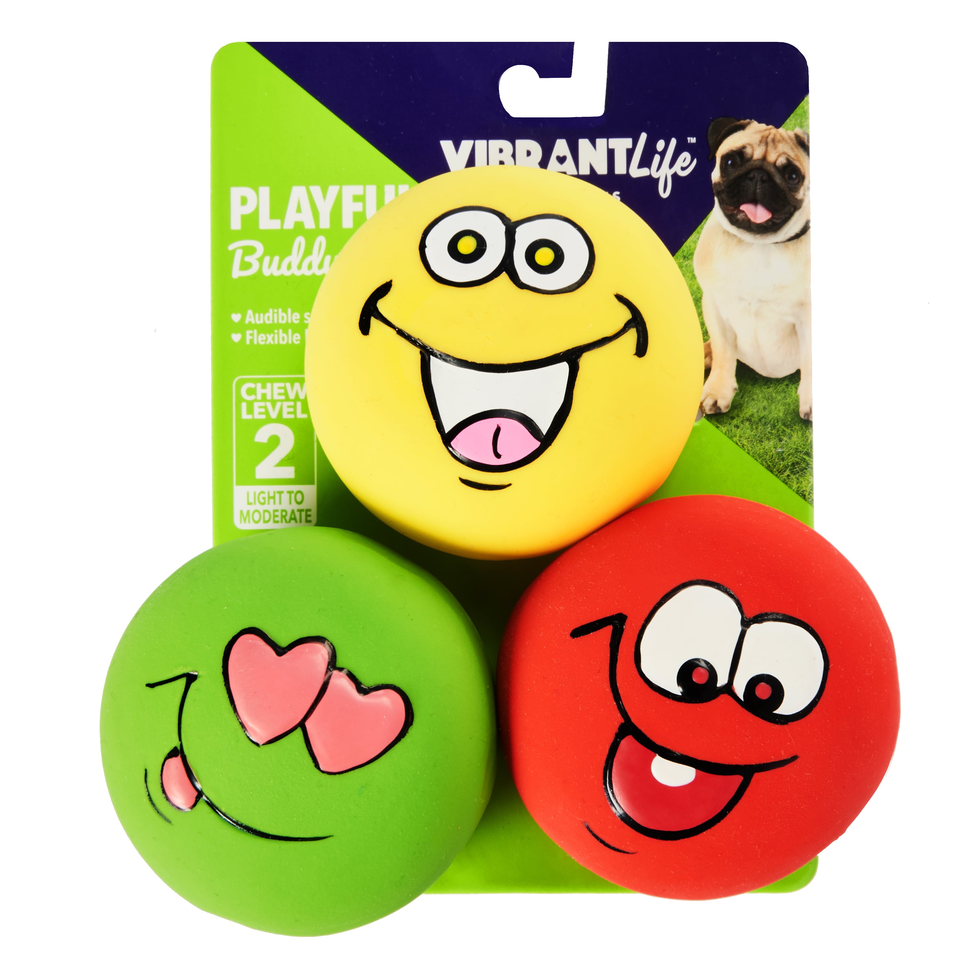 Vibrant Life Playful Buddy Emoticon Dog Chew Toy， Chew Level 2， 3 Count