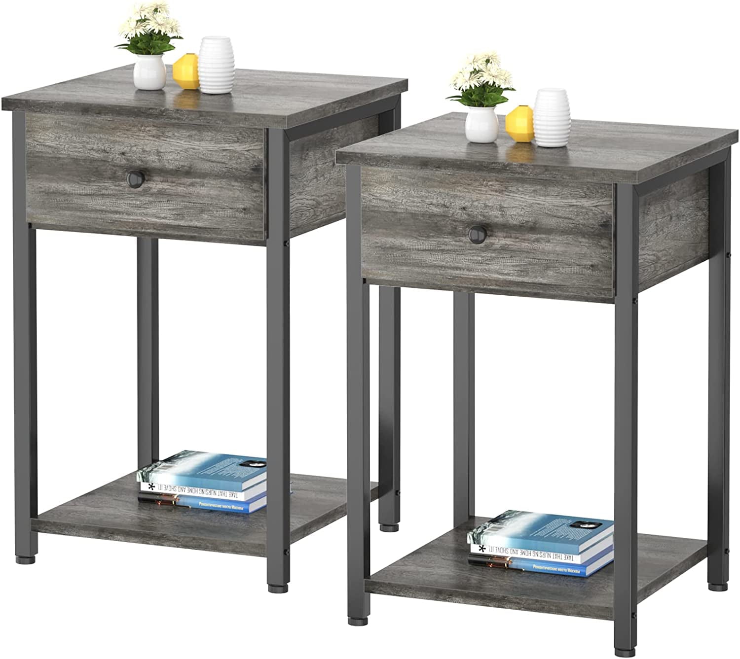 Nightstand Set of 2 Modern End Table Side Table with Drawer and Storage Shelf Wood Night Stand Grey Bedside Table for Bedroom, Living Room, Sofa Couch, Hall, Easy Assembly, Grey