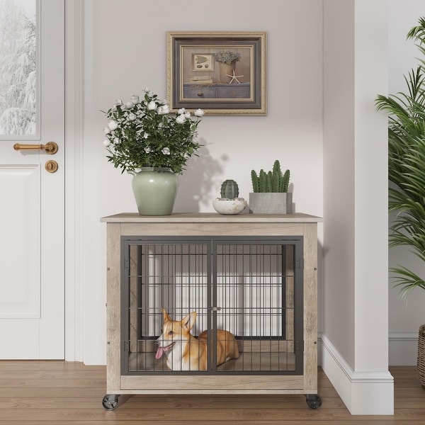 End Table Dog Cage with Double Doors on Casters