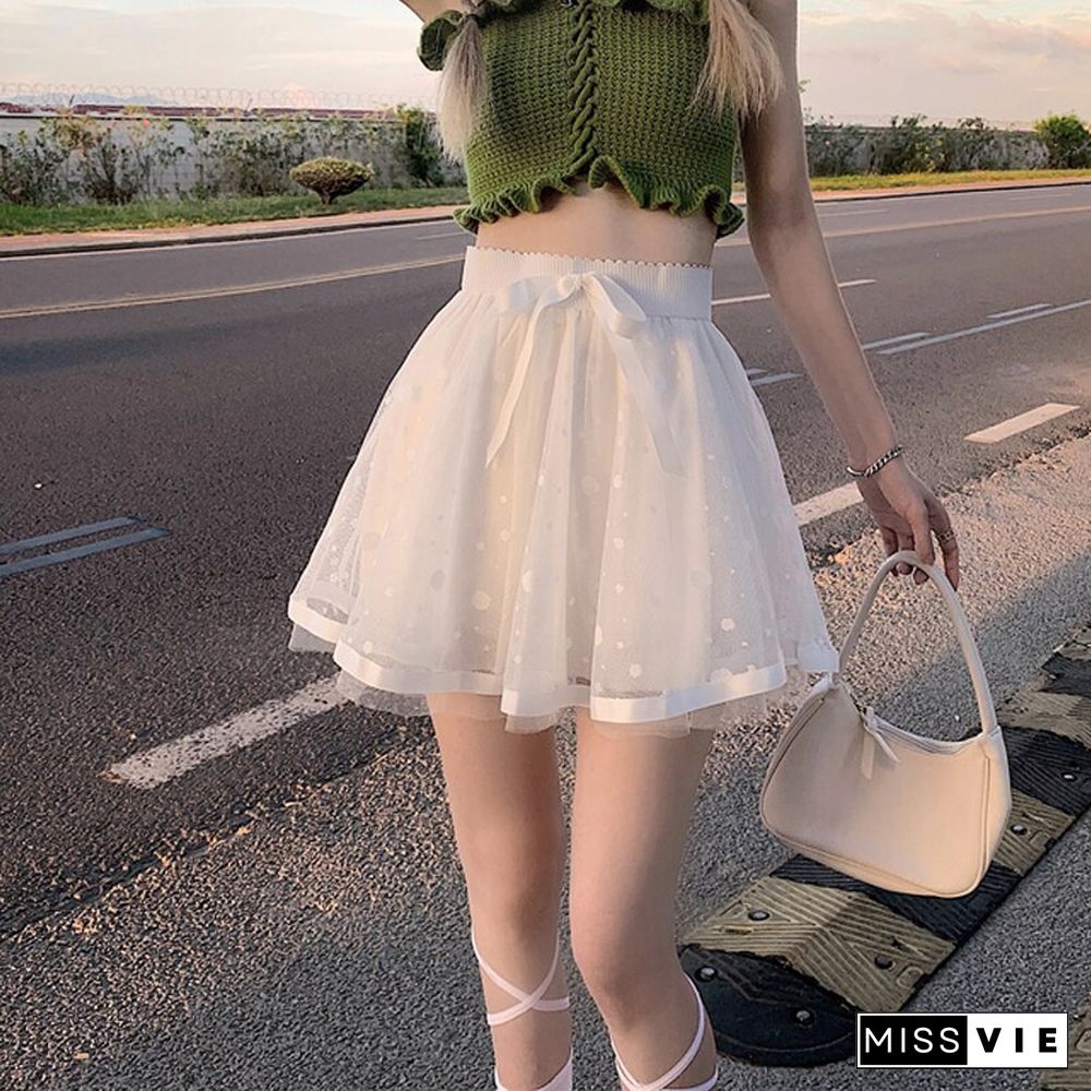 Women Sexy Mesh Ball Gown Black Skirt Summer High Waist Elegant Elastic Bow A-line Mini Skirts Korean Preppy Style Dance Skirt