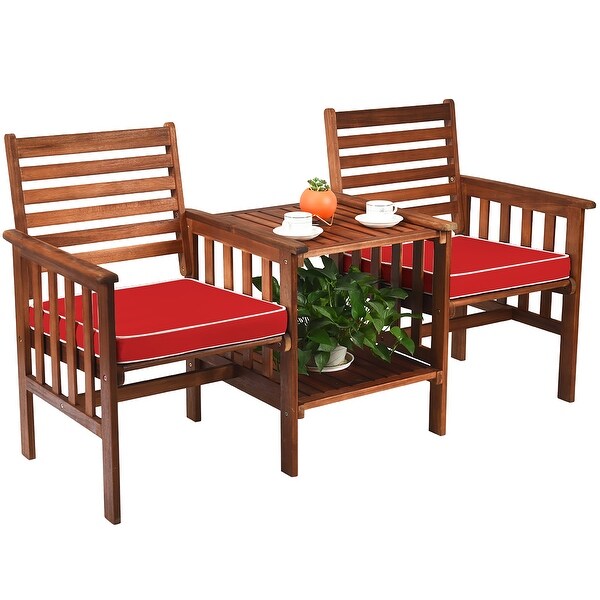 Costway Patio Loveseat Conversation Set Acacia Wood Chair Coffee Table