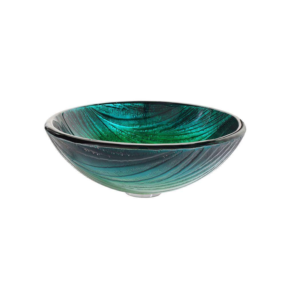 KRAUS Nei Glass Vessel Sink in Green with Waterfall Faucet in Oil Rubbed Bronze C-GV-391-19mm-10ORB