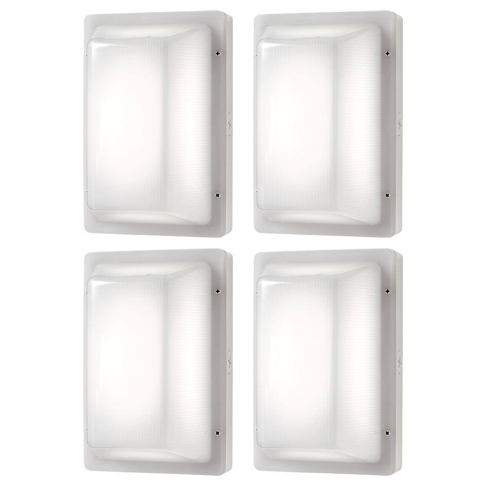 Hampton Bay Coastal Rectangle White LED Outdoor Bulkhead Light Impact Resistant Frosted Polycarbonate Lens and Base (4-Pack) 504091110-4PK