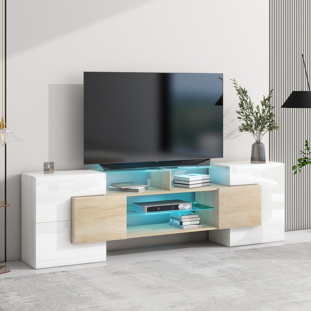 High Gloss TV Stand with 2 Illuminated Glass Shelves and Storage Cabinets  Entertainment Center with LED Lights for 80\