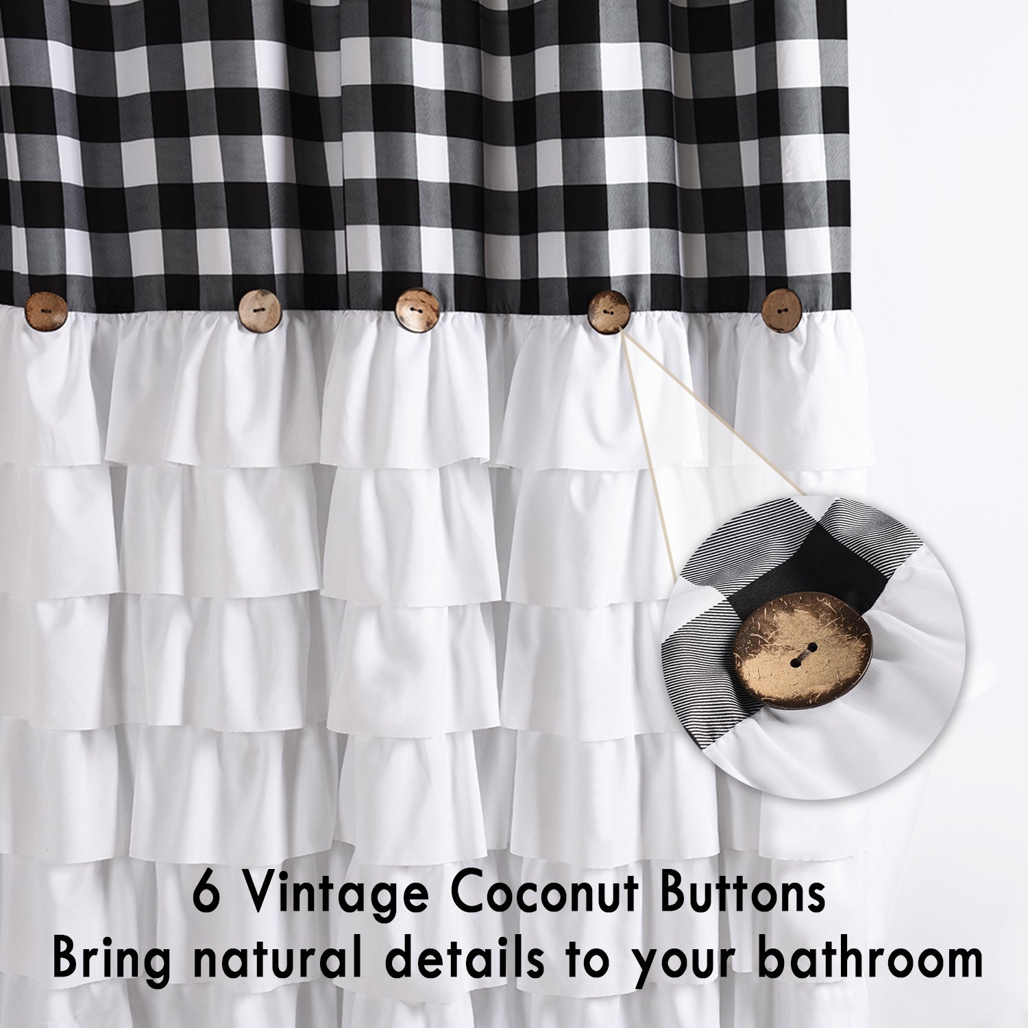 Chic Ruffled Shower Curtain with Black and White Buffalo Plaid, Boho Microfiber Bathtub Curtain with Natural Coconut Buttons, 72 x 72