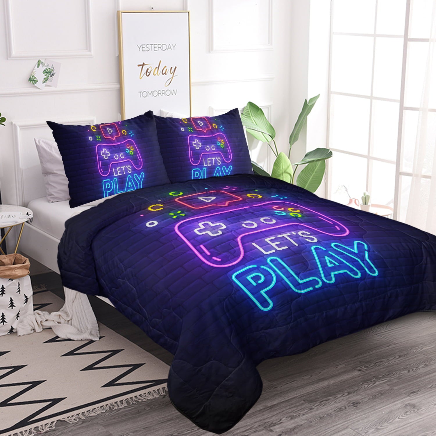 Arightex Gaming Comforter for Boys Twin Size， Abstract Neon Style Bedding Sets for Boys