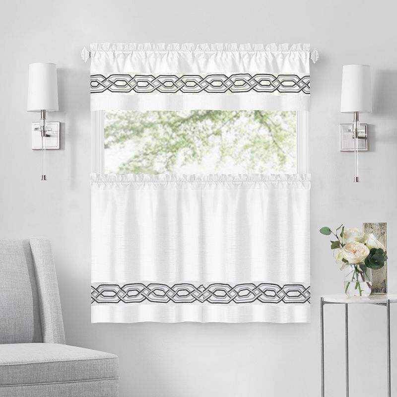 Kate Aurora Pacifico Complete 3 Piece Rod Pocket Embroidered Tier and Valance Kitchen Curtain Set