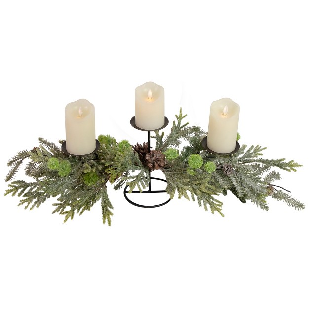 Triple Candle Holder With Frosted Foliage And Pine Cones Christmas Decor