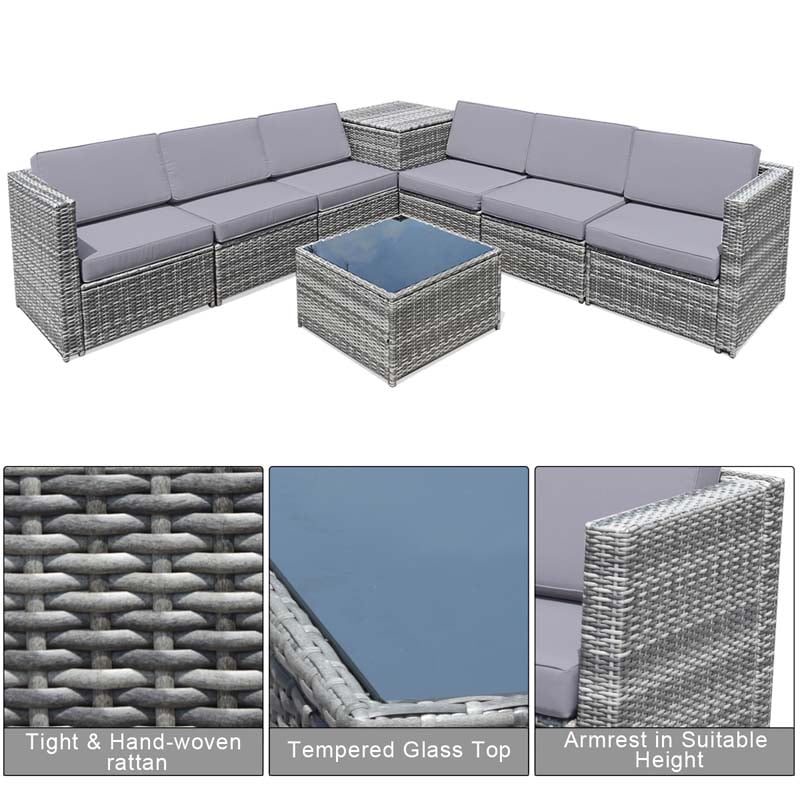 8 Pcs Rattan Patio Sectional Sofa Couch Set Outdoor Wicker Furniture Set with Storage Table & Cushions