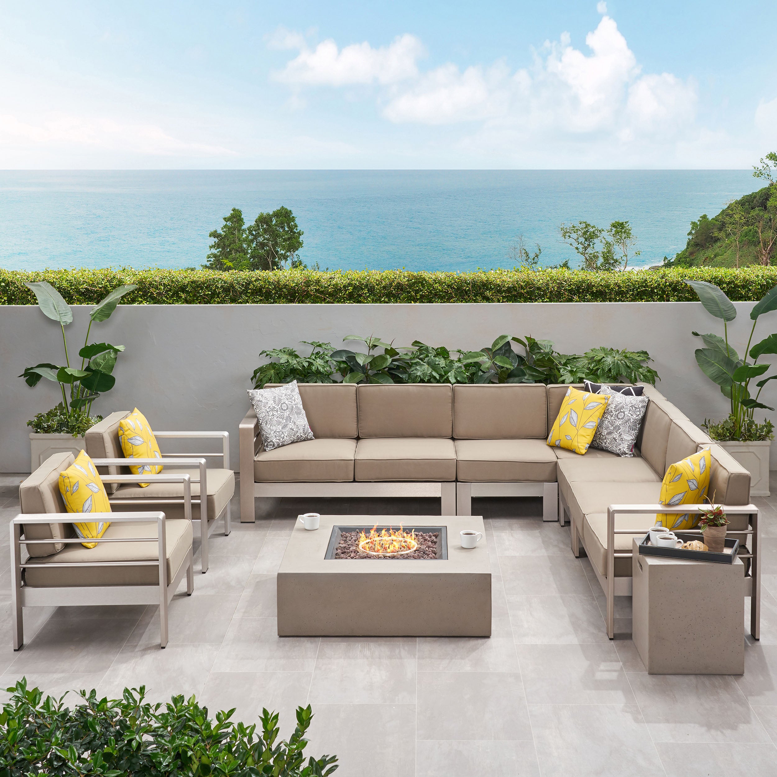 Danae Coral Outdoor 9 Seater Aluminum L-Shaped Sofa Sectional and Fire Pit Set