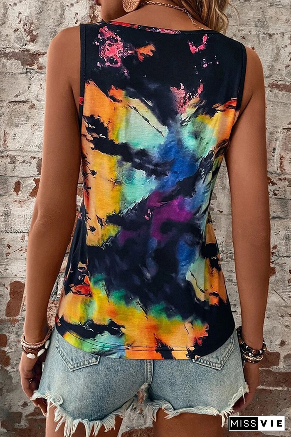 Split V Neck Tie Dye Tank Top