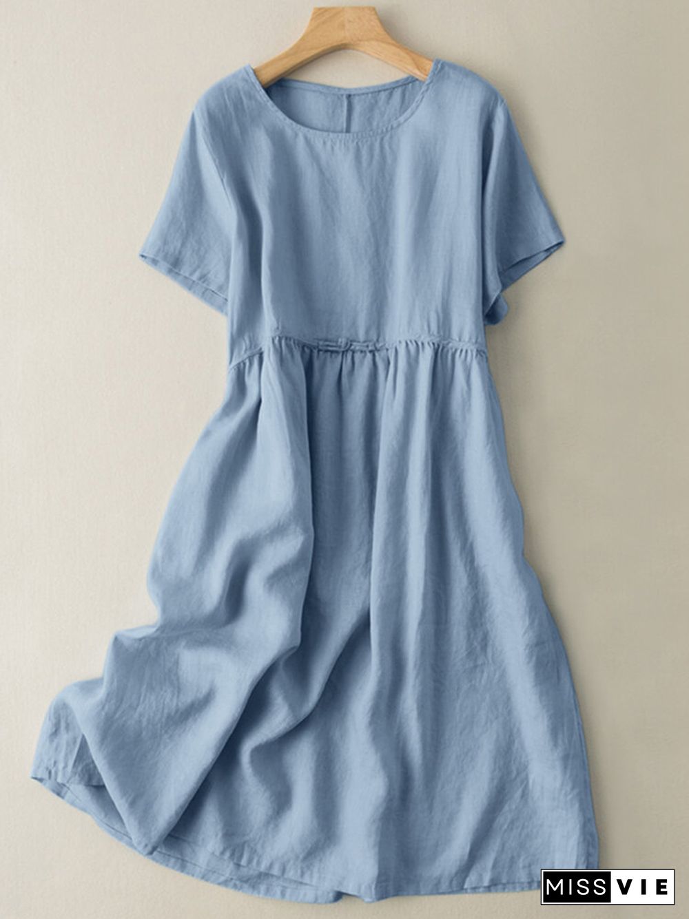 Solid Ruched Round Neck Short Sleeve Casual Cotton Midi Dress